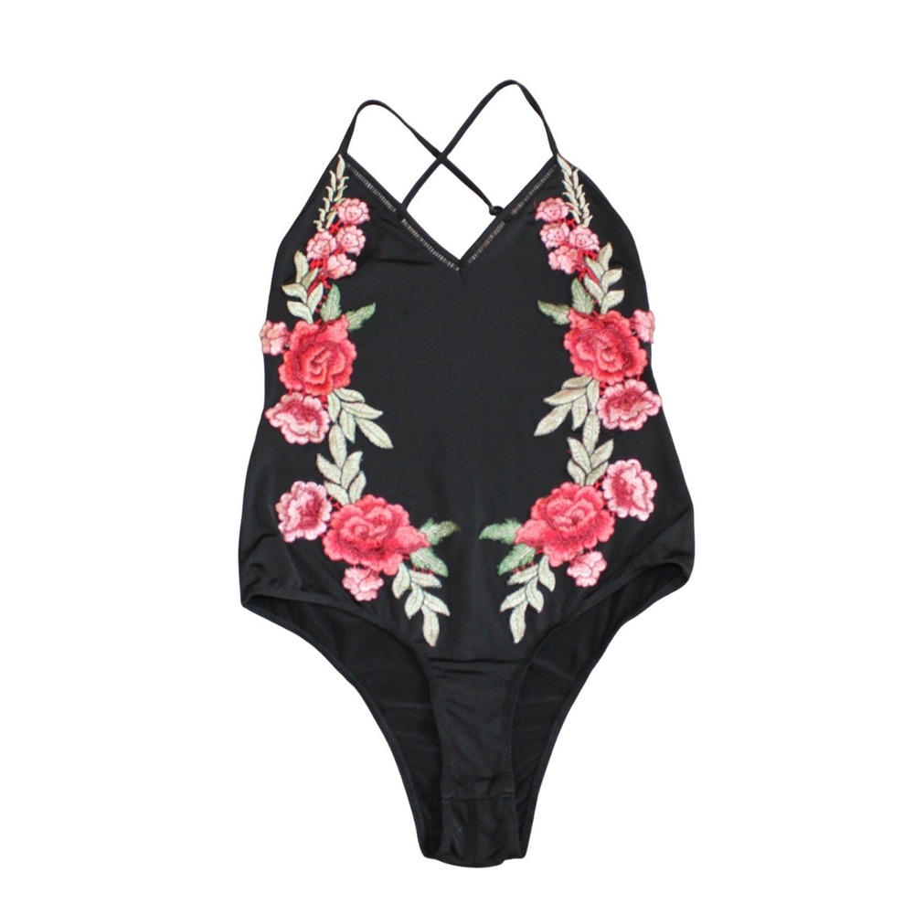 SEEK Floral Embroidered Bodysuit Black Strappy Back Festival Boho M